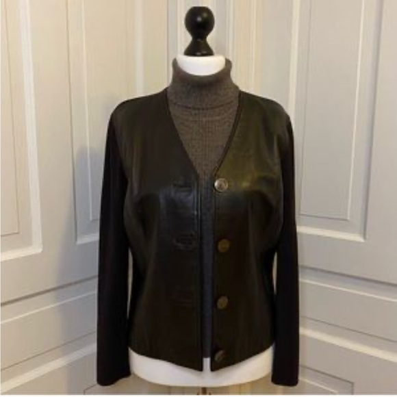 Anne Klein Sweater Jacket 100% Genuine Leather Front Button Down Dark Brown XL - Picture 1 of 6